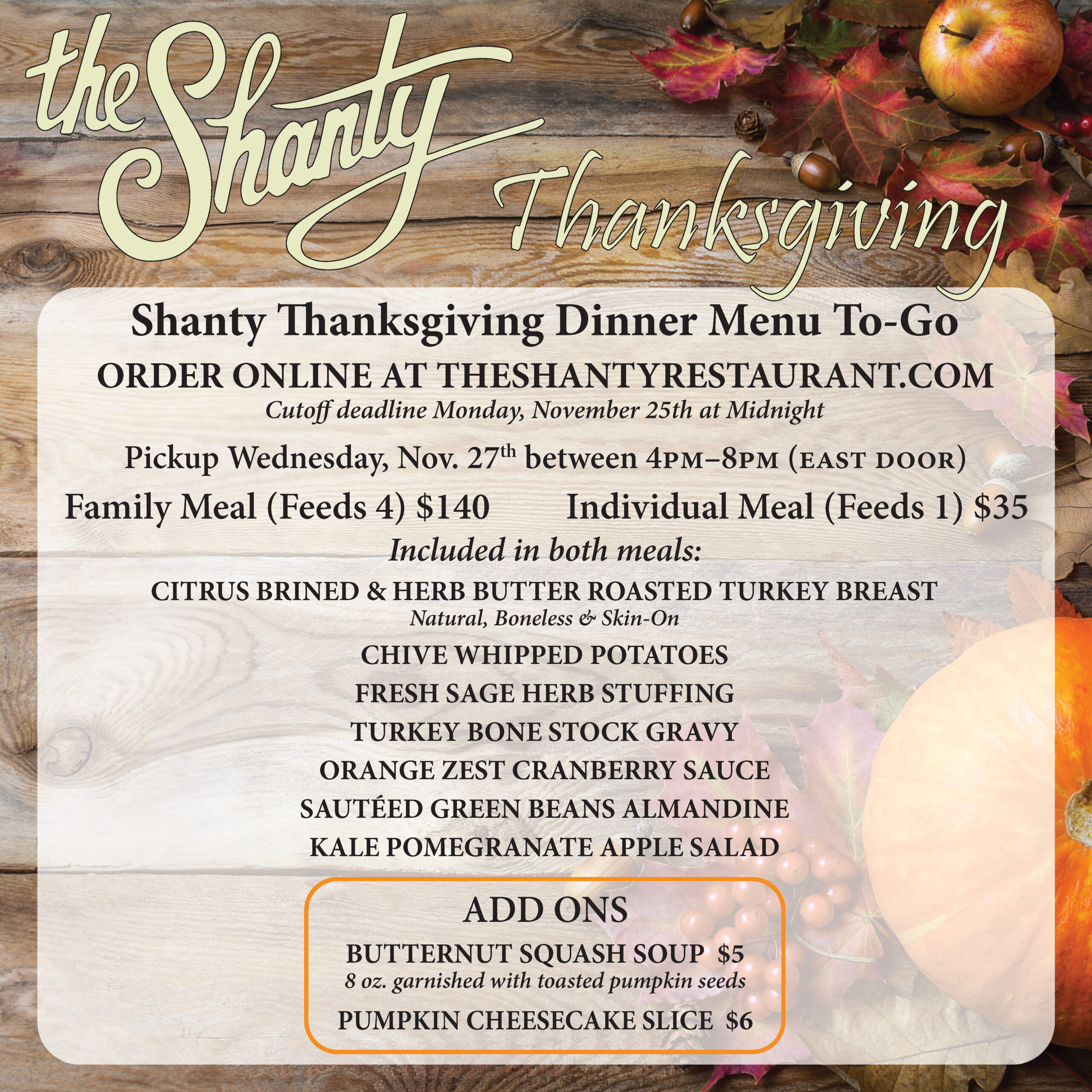 Thanksgiving To Go from The Shanty in Wadsworth