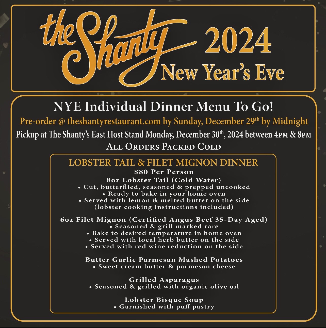 New Years Eve Dinner To Go at the Shanty