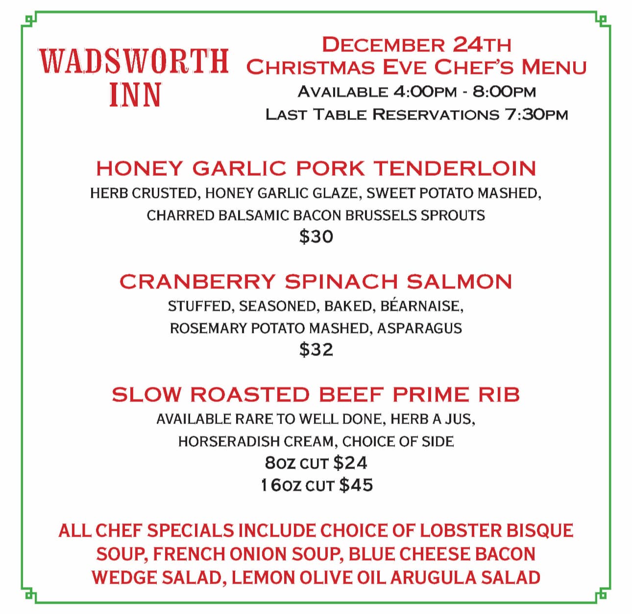 Wadsworth Inn Christmas Eve Dinner