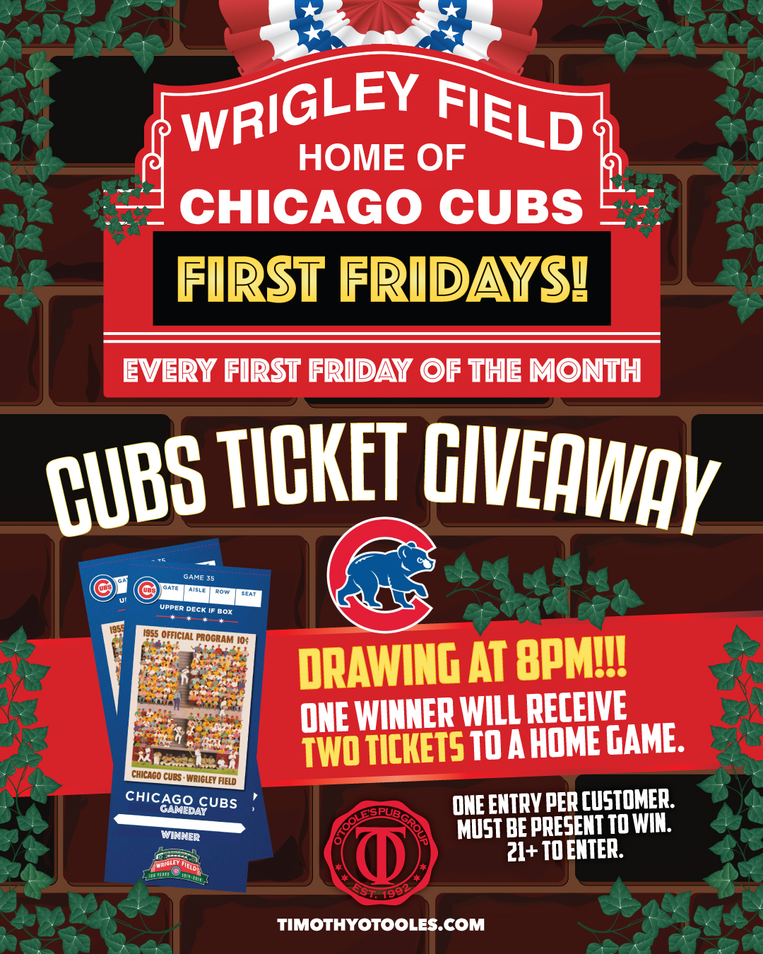 First Friday Cubs Ticket Giveaway at Timothy O'Toole's Pub in Gurnee