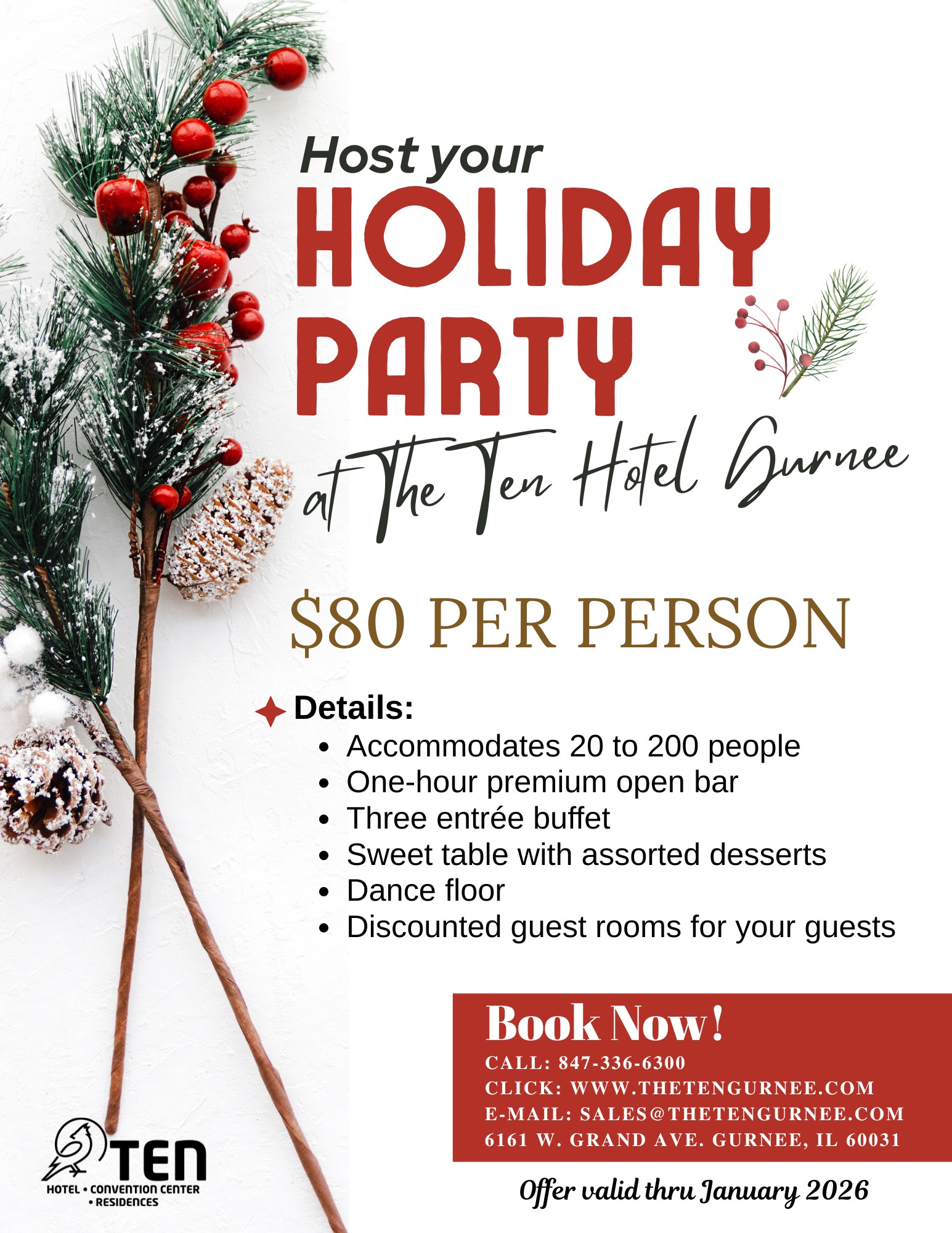 Host your Holiday Party at The Ten Hotel Gurnee